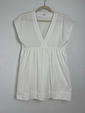 Wilfred Aritzia Ivory Eyelet 100% Cotton Babydoll V-Neck Mini Dress